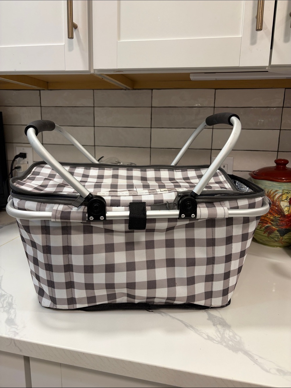 Gray Check Insulated Market Basket with Foldable Aluminum Handles